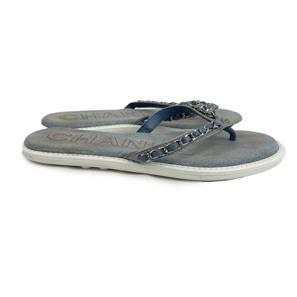 Chanel - CC Denim Sandals / Flip Flops - Blue, White - 37 / US 7 - Picture 1 of 7